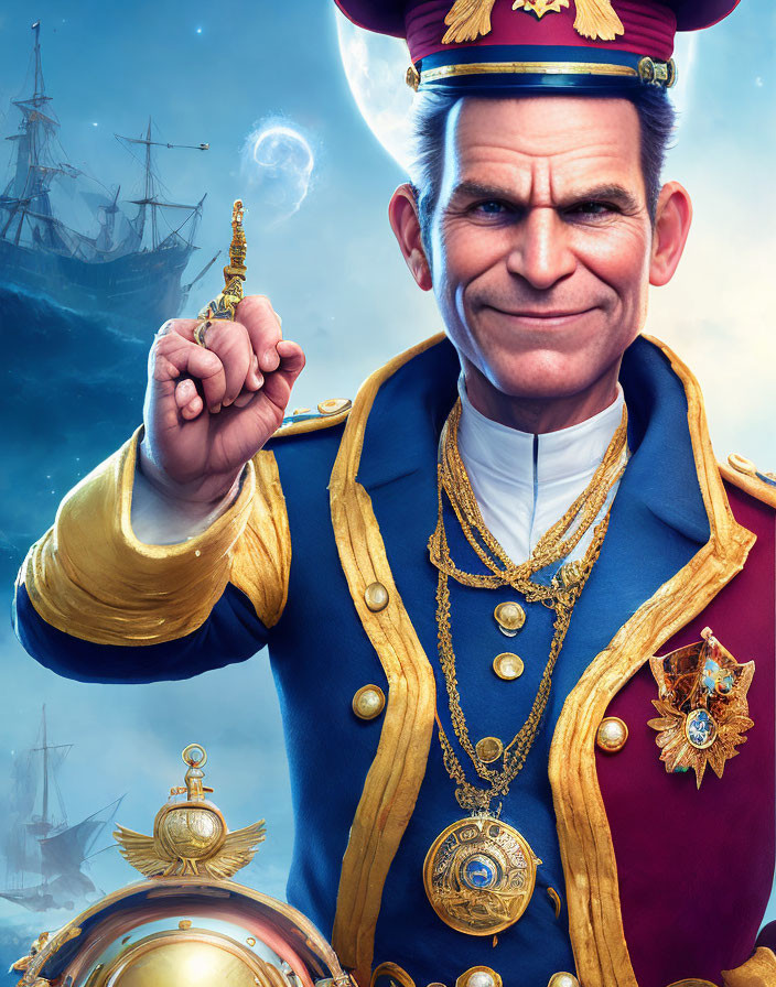 Naval officer character with key and medals under moonlit sky with ships.