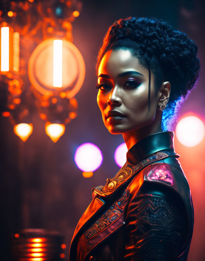 Confident woman with intricate braids in ornate black jacket under neon lights