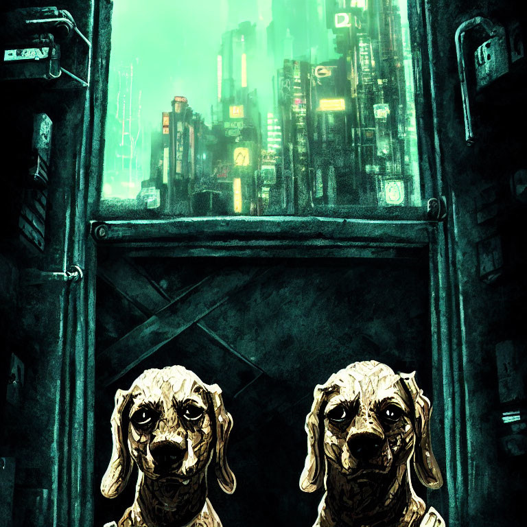 Futuristic neon-lit cityscape with two dogs in spacesuits