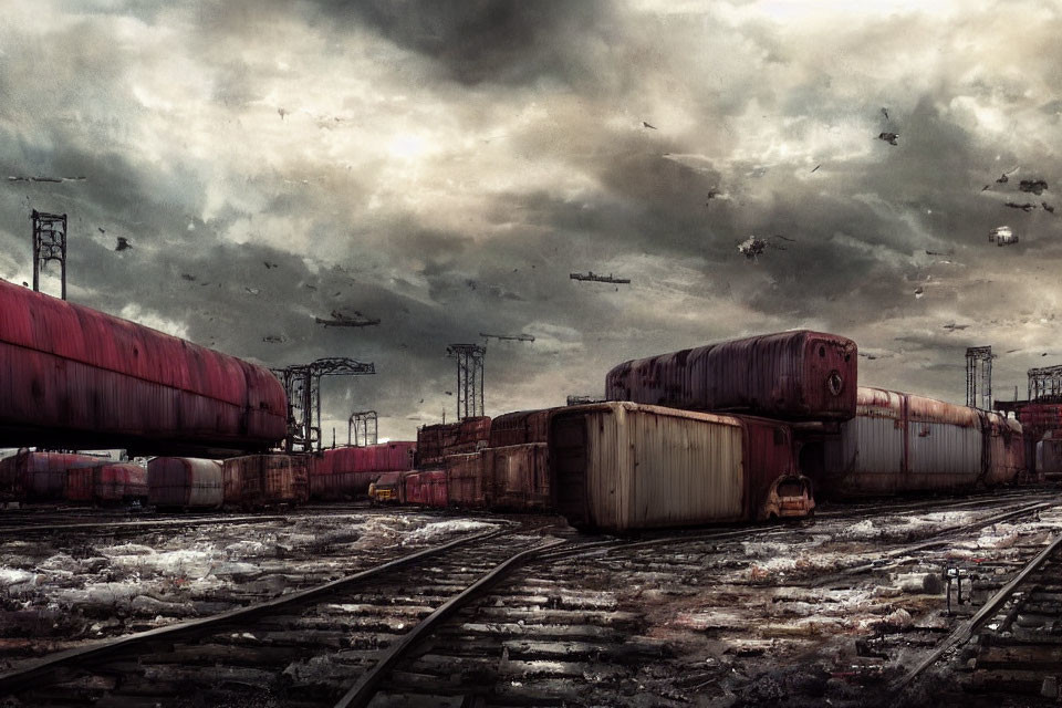 Decrepit industrial train yard under overcast sky with scattered debris and circling birds
