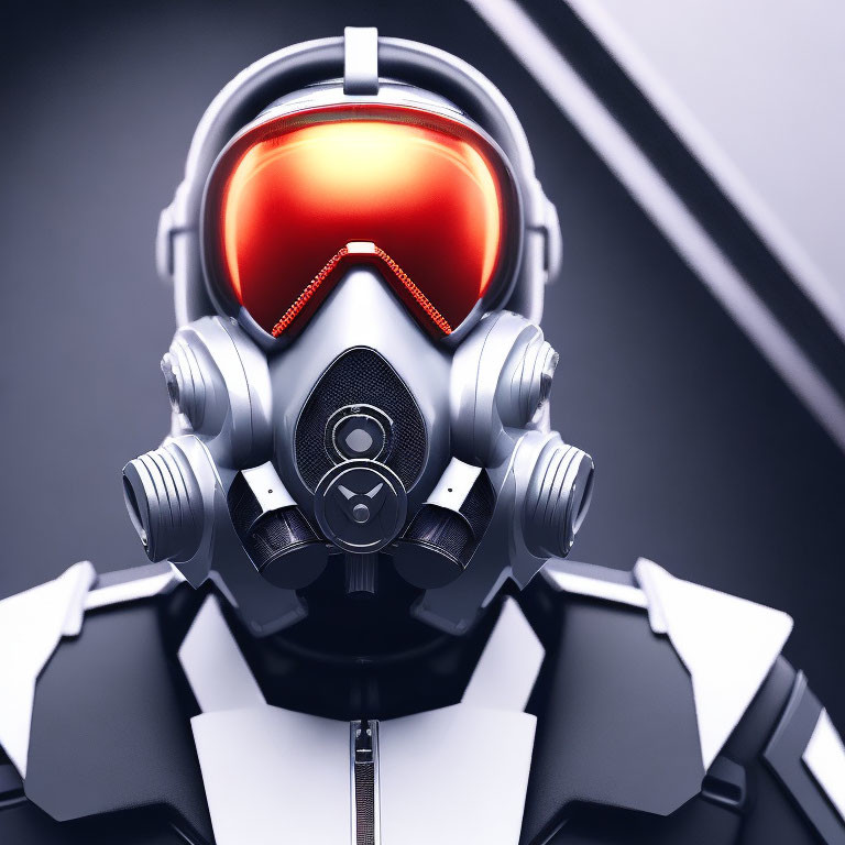 Futuristic humanoid robot with white armor and red visor on dark background