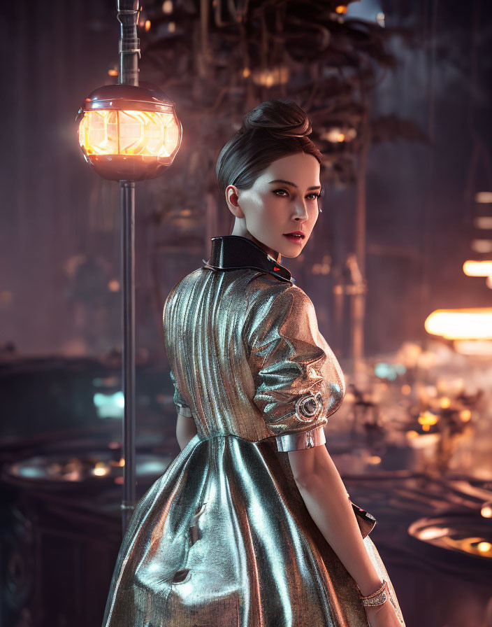 Futuristic woman in metallic dress in dimly lit industrial room