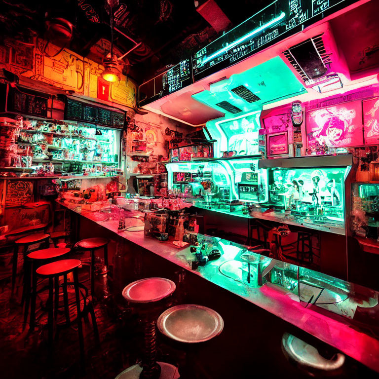 Eclectic Neon-Lit Bar with Illuminated Bottles and Empty Stools