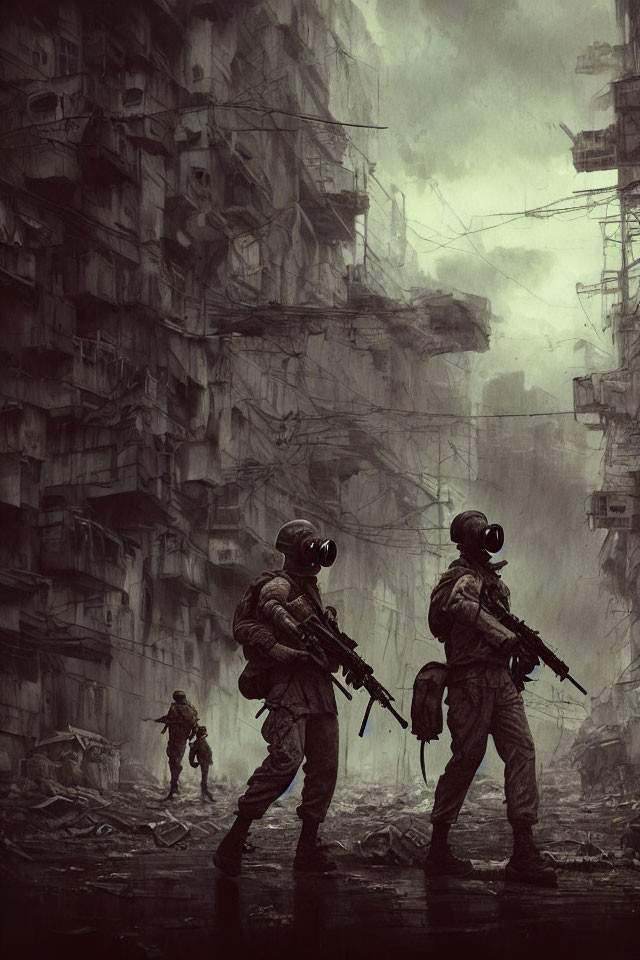 Dystopian urban landscape with soldiers in gas masks