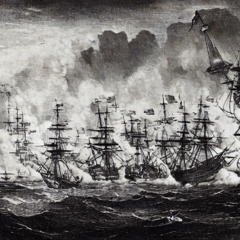 Monochrome naval battle illustration with sailing ships in turbulent seas
