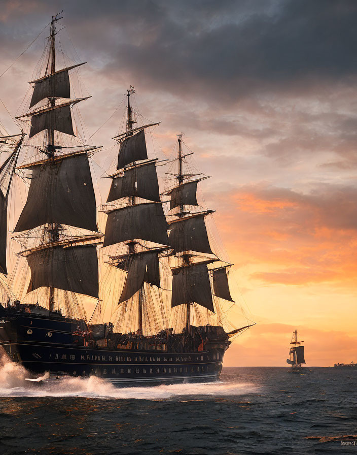 Majestic tall ship sailing on the ocean at sunset