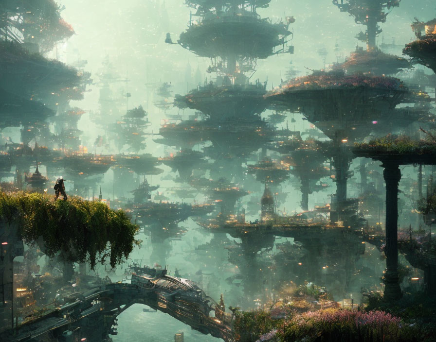 Person standing on ledge overlooking fantastical city with floating platforms and ethereal light