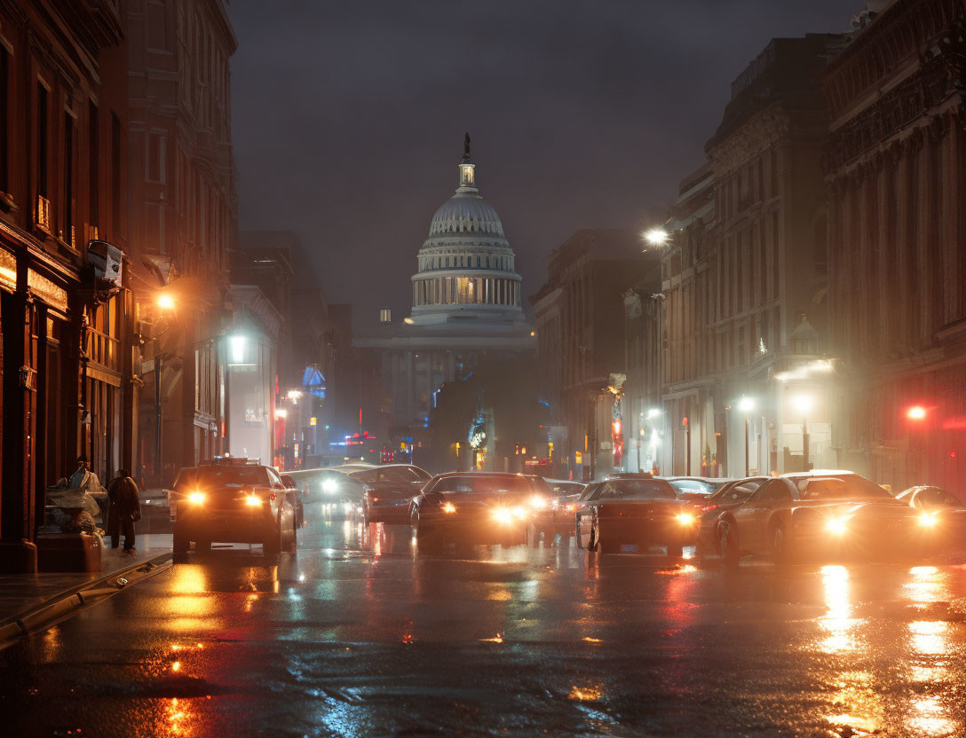 Misty evening cityscape with car headlights and US Capitol dome.