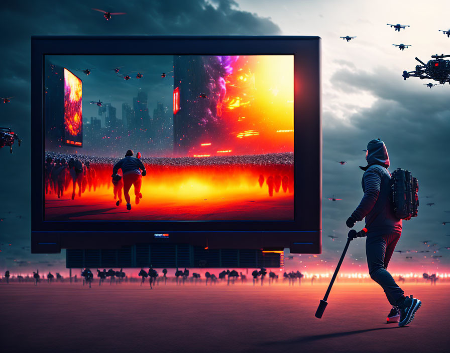 Person with backpack and baseball bat viewing intense scene on giant screen with crowd and drones in dramatic cloudy atmosphere