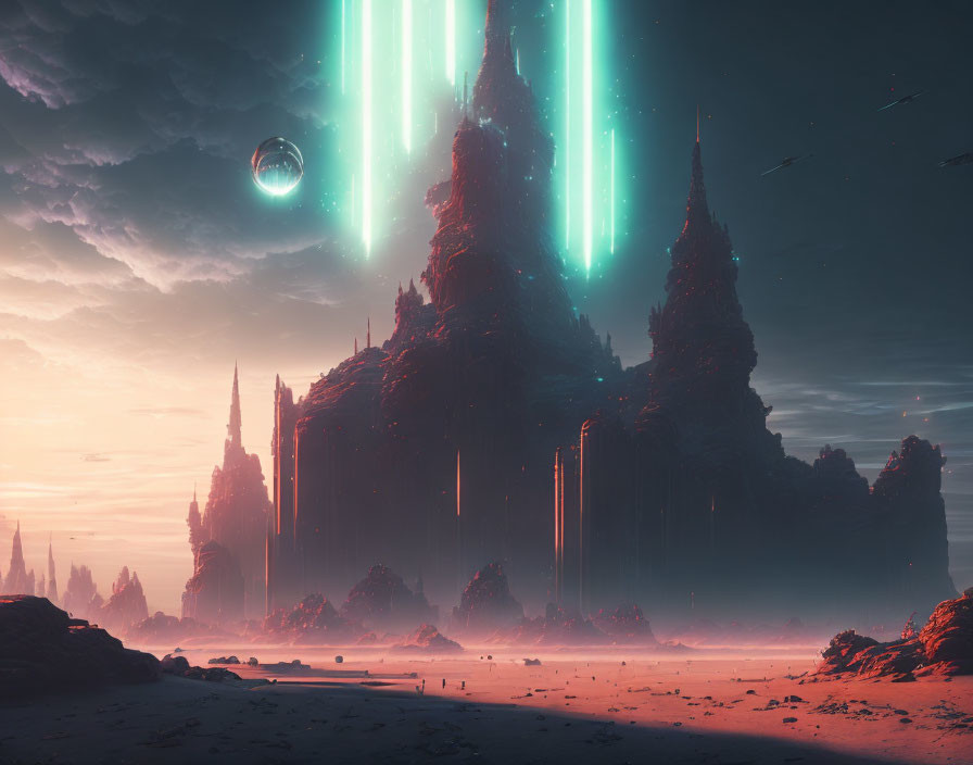 Futuristic landscape with towering spires and flying crafts under a hazy sky