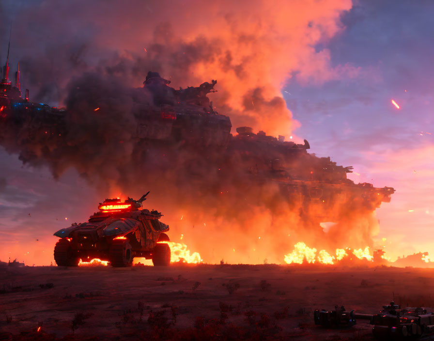 Futuristic battle scene with exploding vehicle and tanks in flames under dusky sky
