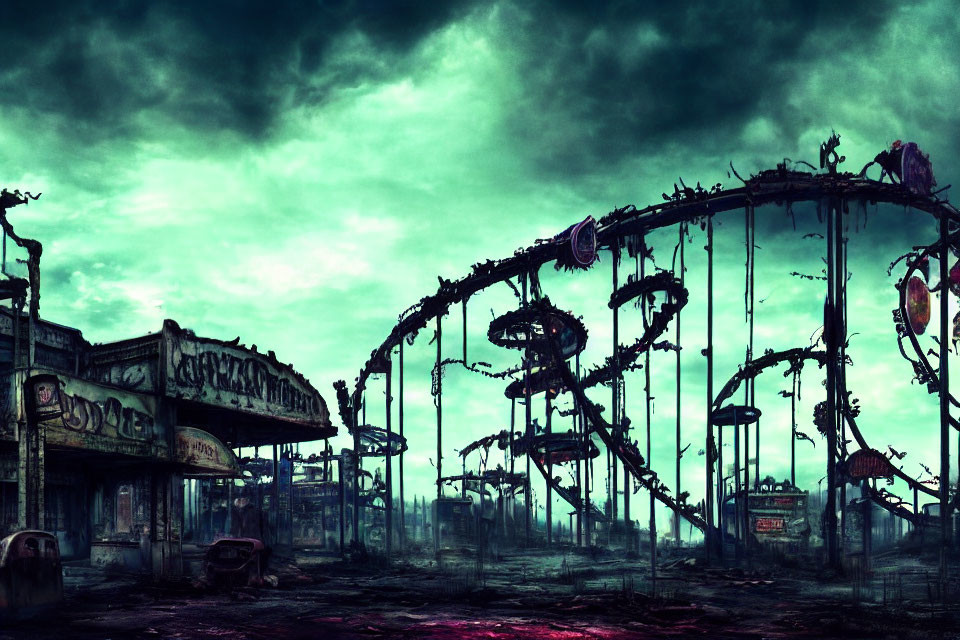 Abandoned amusement park with broken roller coaster and desolate atmosphere