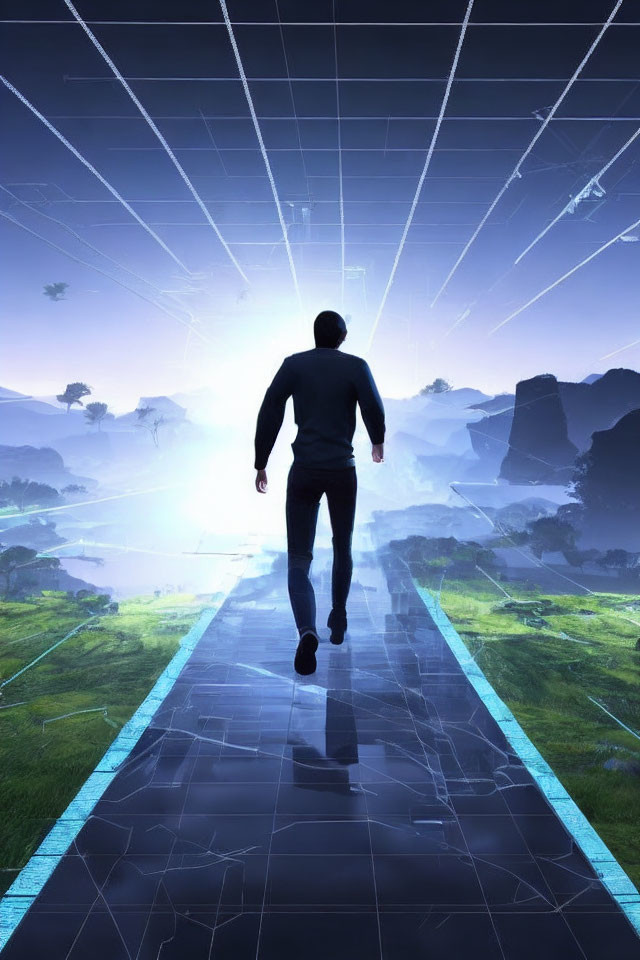 Person walking on futuristic glass bridge above lush landscape with digital grid lines and floating structures.