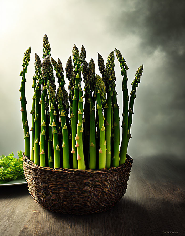 Fresh Green Asparagus Basket Against Moody Dark Cloudy Background