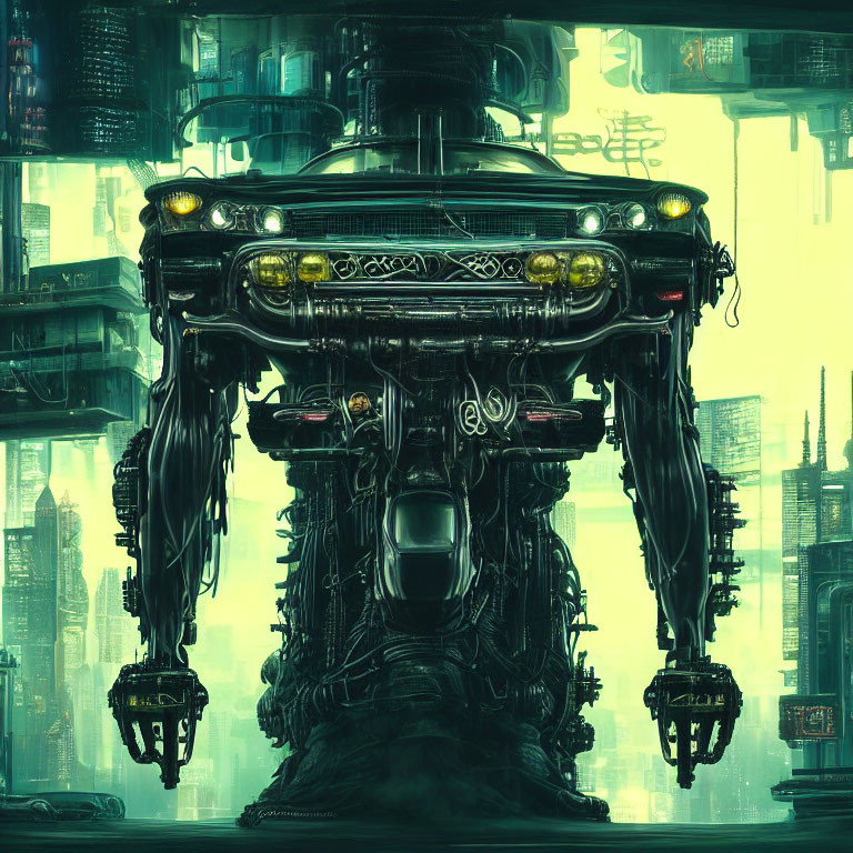 Futuristic mech with car-like head in neon-lit cityscape