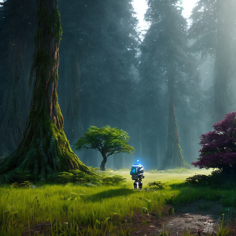 Robot in lush green forest with towering trees and sunbeams.