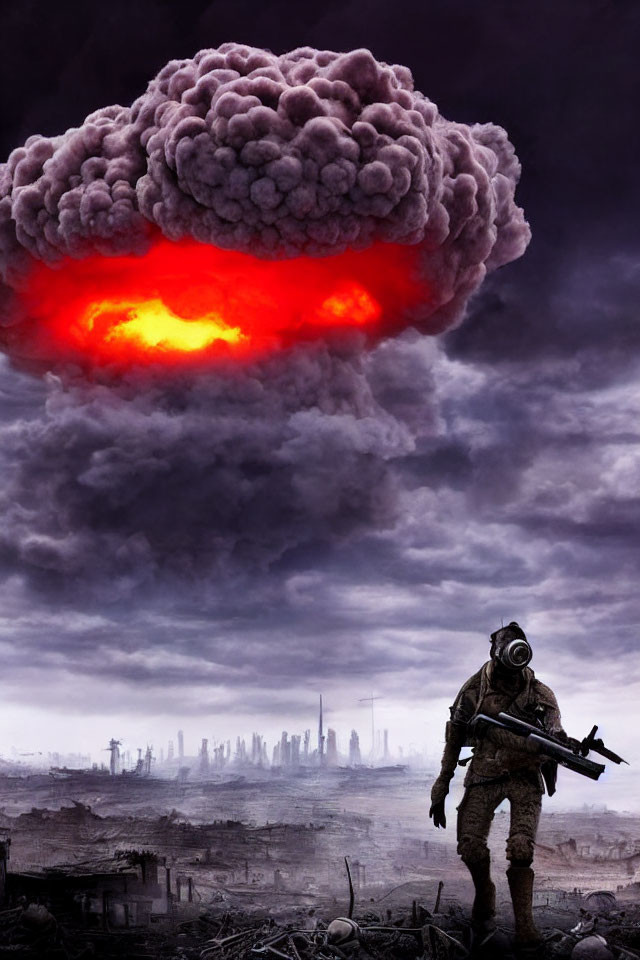 Person in gas mask with rifle in post-apocalyptic cityscape under mushroom cloud