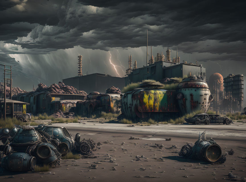 Dystopian landscape with decaying vehicles and structures under stormy sky