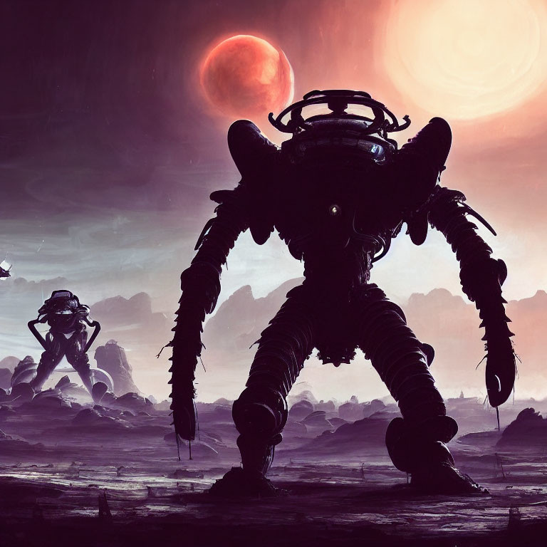 Futuristic sci-fi scene with robotic walkers on alien landscape
