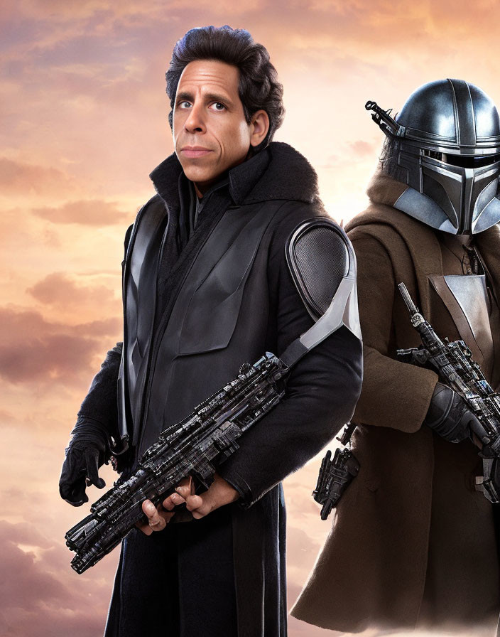 Sci-fi characters in black outfit with blaster and armored figure with cape at twilight