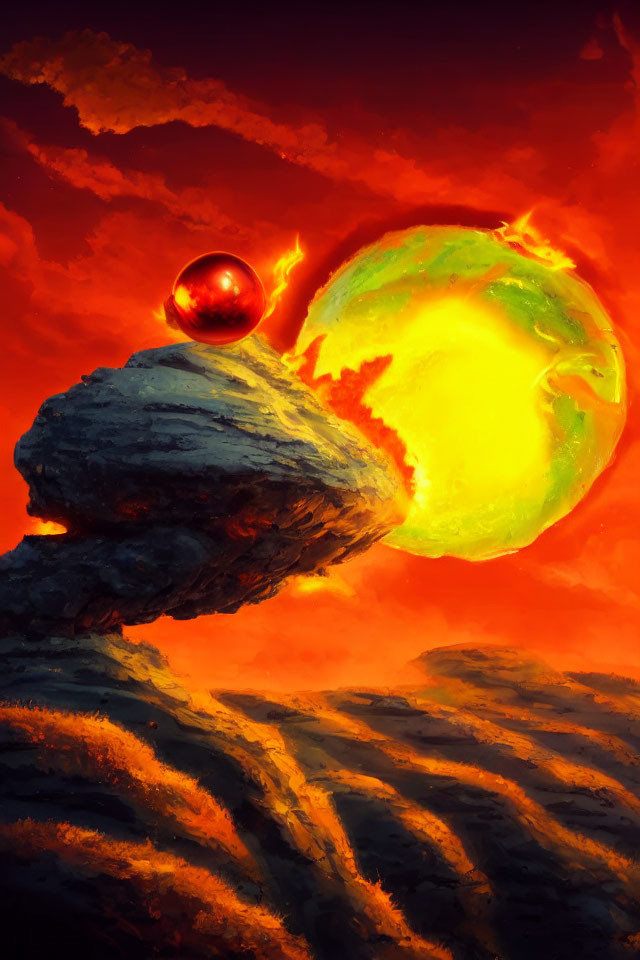 Digital illustration: Fiery landscape with red sphere and glowing green planet