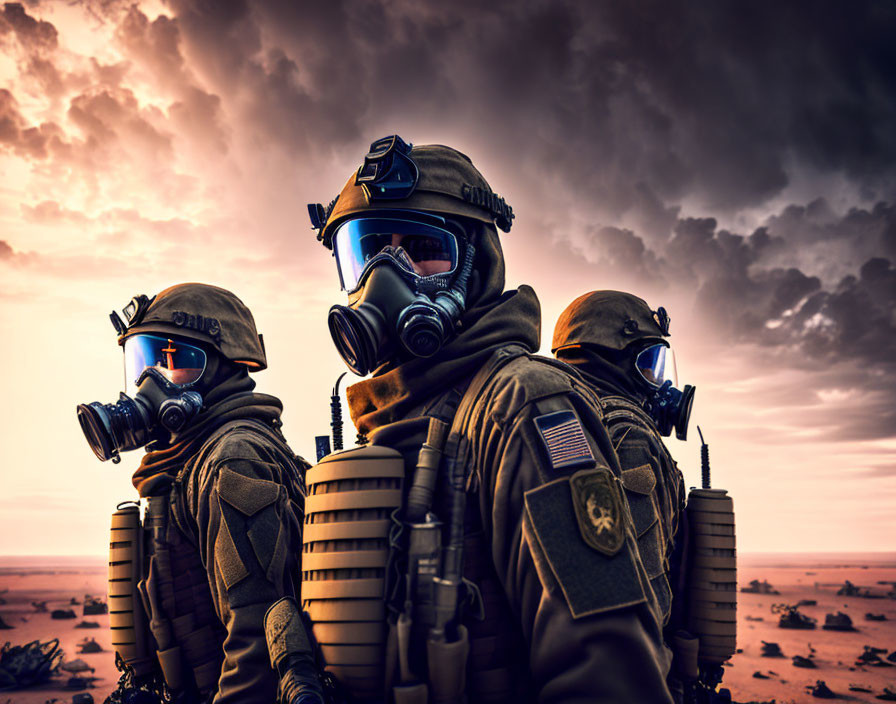 Three individuals in tactical gear and gas masks under cloudy dusk sky in desert setting.