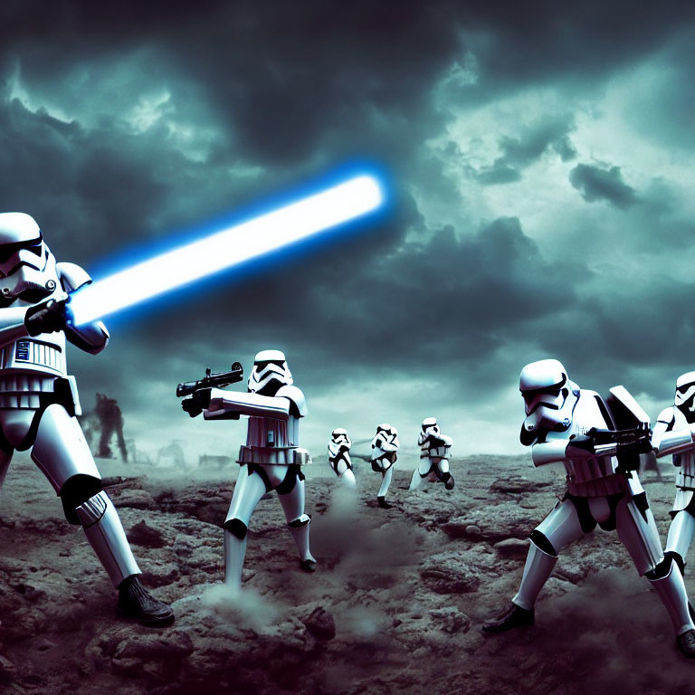 Stormtroopers with lightsaber in stormy Star Wars scene