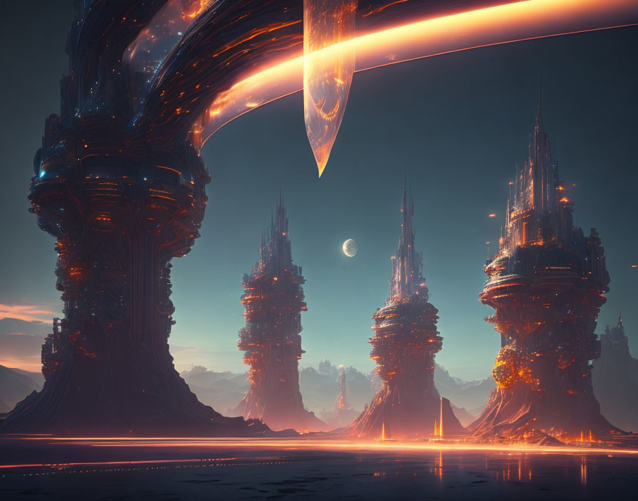 Futuristic cityscape with towering spires, neon lights, and crescent moon.