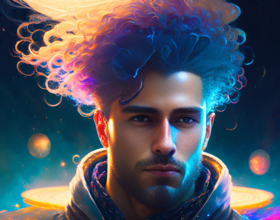 Cosmic-themed digital art portrait with vibrant colors and starry space backdrop.