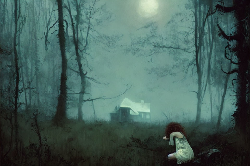 Solitary figure in moonlit forest clearing, gazing at small house