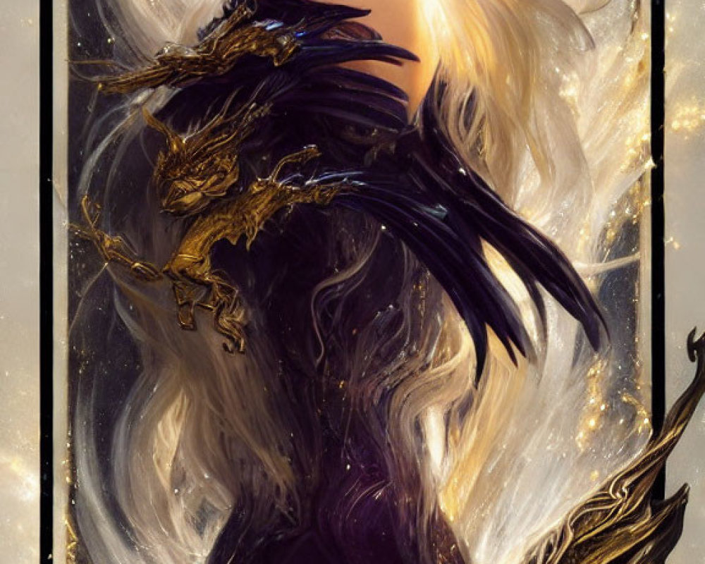Fantastical image of woman with white hair and dragon shoulder piece in dark, feather-themed attire