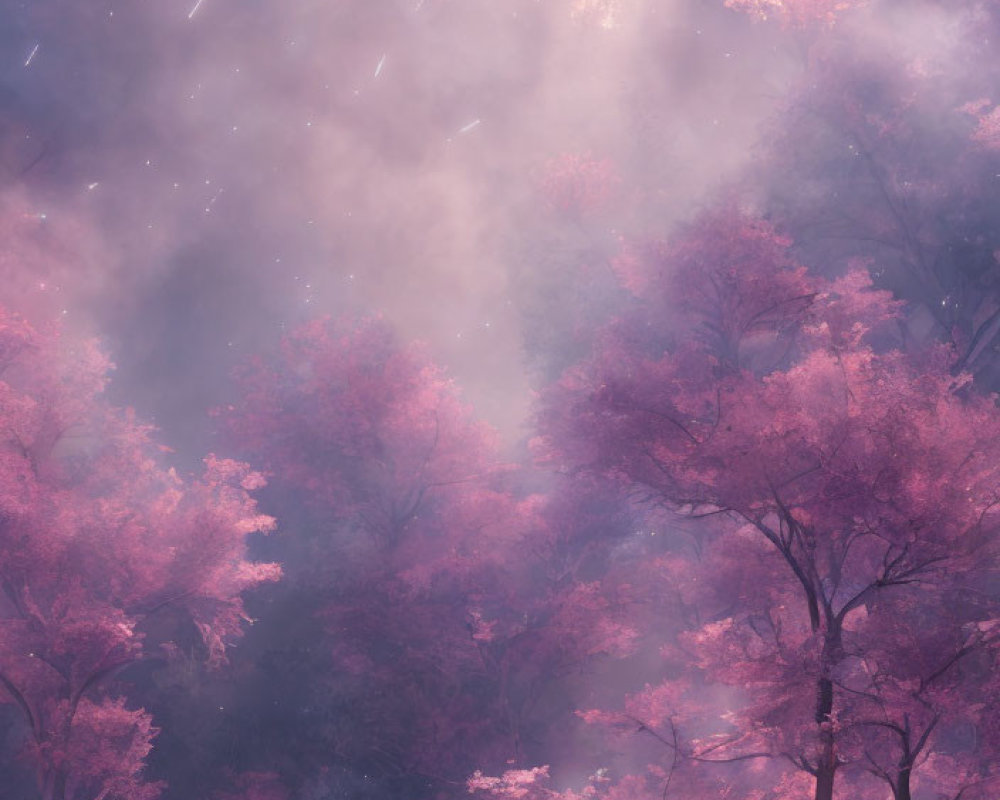 Pink Foliage Forest Under Sunlit Sky: Mystical Atmosphere