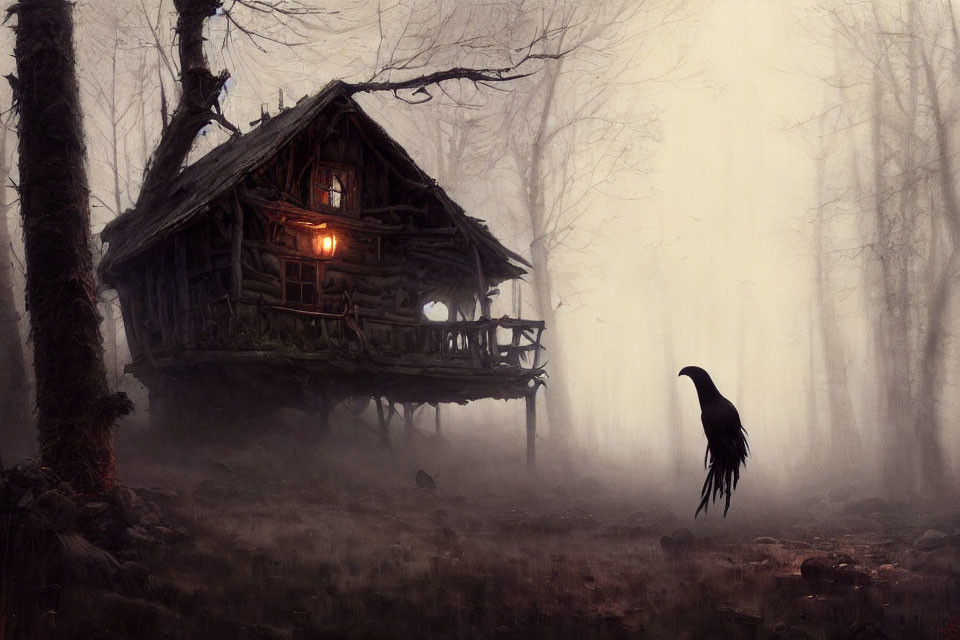 Foggy forest scene with rustic treehouse and silhouetted raven