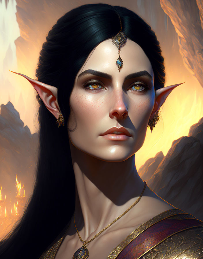 Elf woman portrait with sharp ears and gold headpiece on fiery backdrop