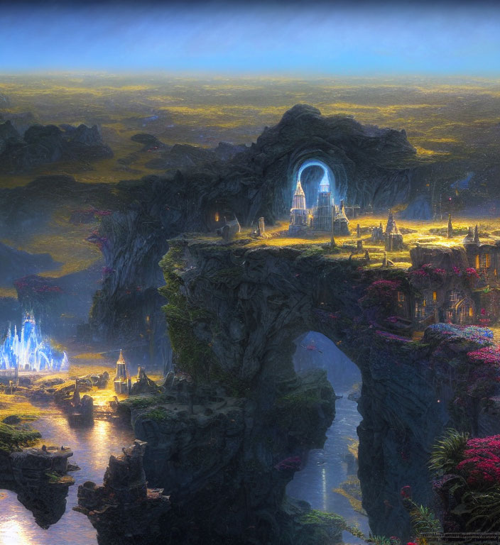 Mystical fantasy landscape with glowing portal and lush surroundings
