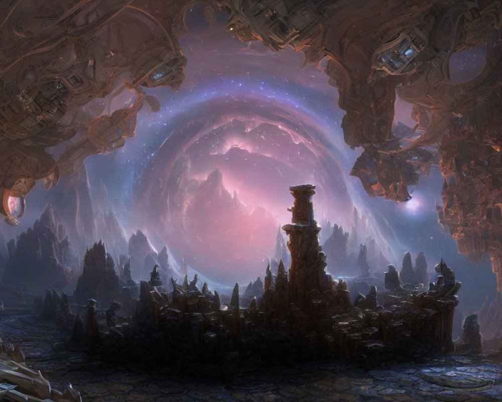 Mystical landscape with central rock pillar and futuristic structures under purple galactic sky