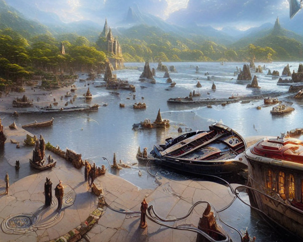 Fantastical harbor scene with ornate ships, spires, sea, mountains, and sunlit