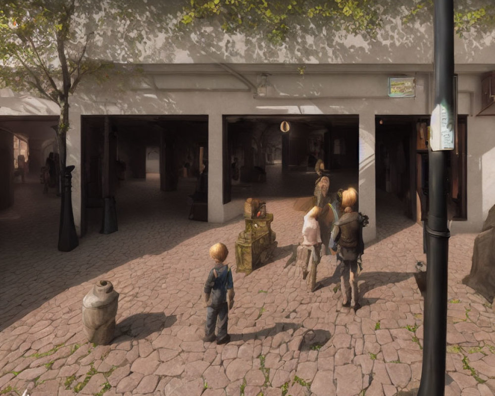 Historical cobblestone plaza with archways, lamppost, and people, including children