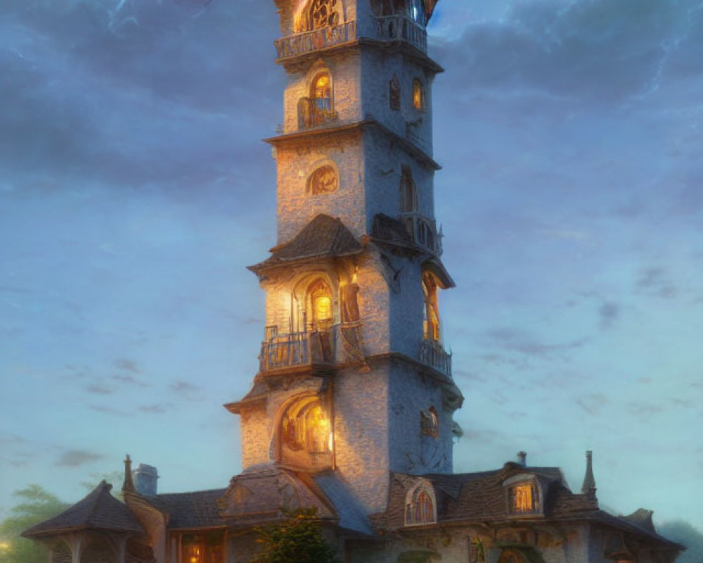 Fantasy tower digital artwork against twilight sky