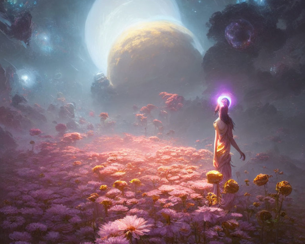 Person in flowy dress in mystical field with surreal sky and glowing hand.