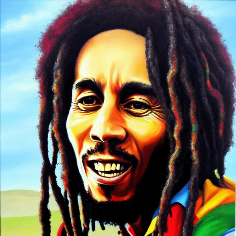 Vibrant portrait of smiling man with dreadlocks under clear sky