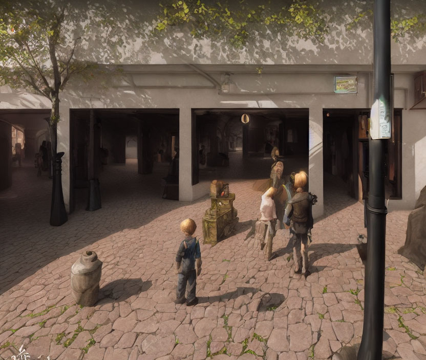 Historical cobblestone plaza with archways, lamppost, and people, including children