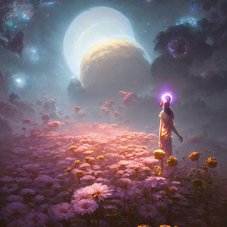 Person in flowy dress in mystical field with surreal sky and glowing hand.