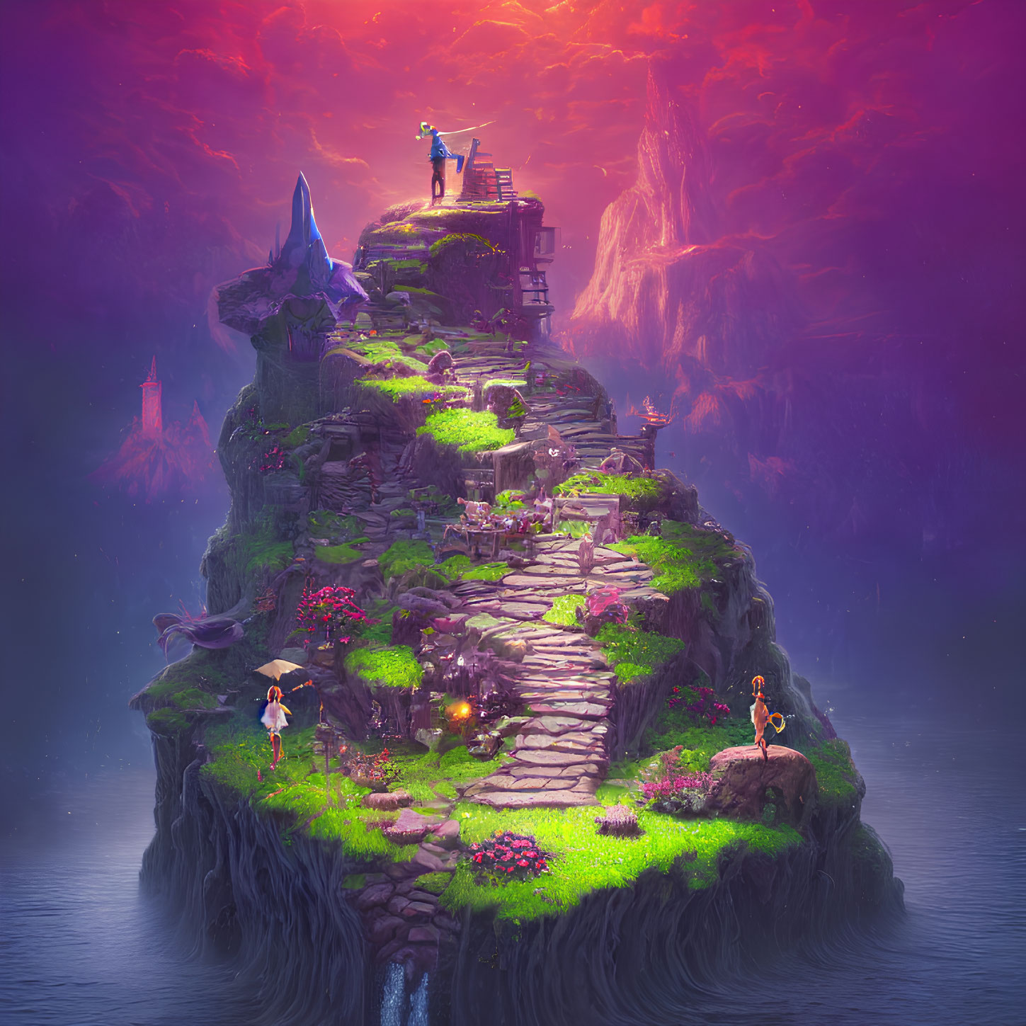 Fantasy landscape with floating island, observatory, medieval characters, colorful flora