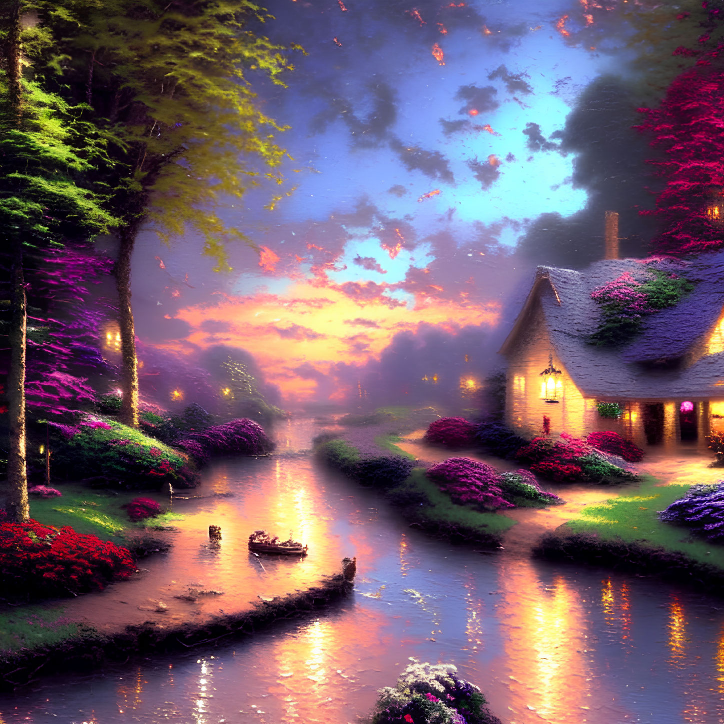 Tranquil riverside cottage at twilight with vibrant flowers