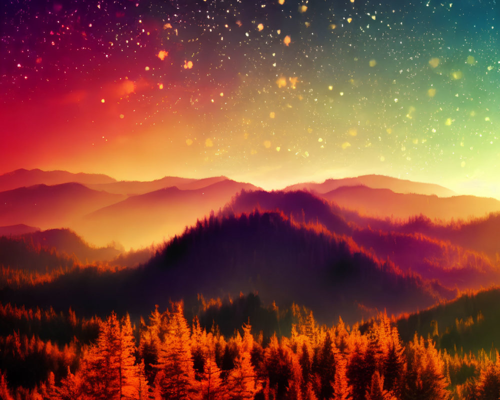 Vibrant sunset gradient over silhouetted mountains and forest landscape