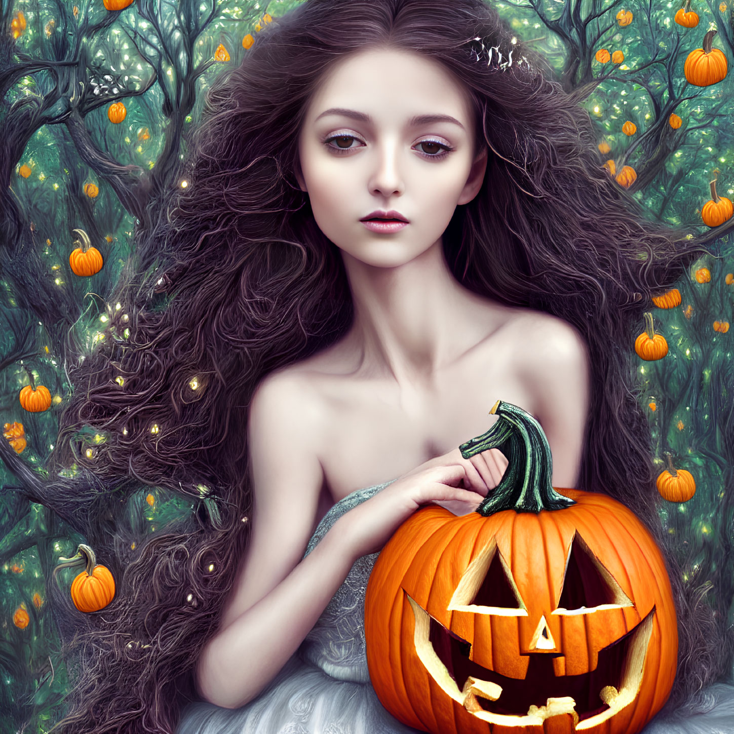 Dark-haired woman with tiara holding pumpkin in magical forest