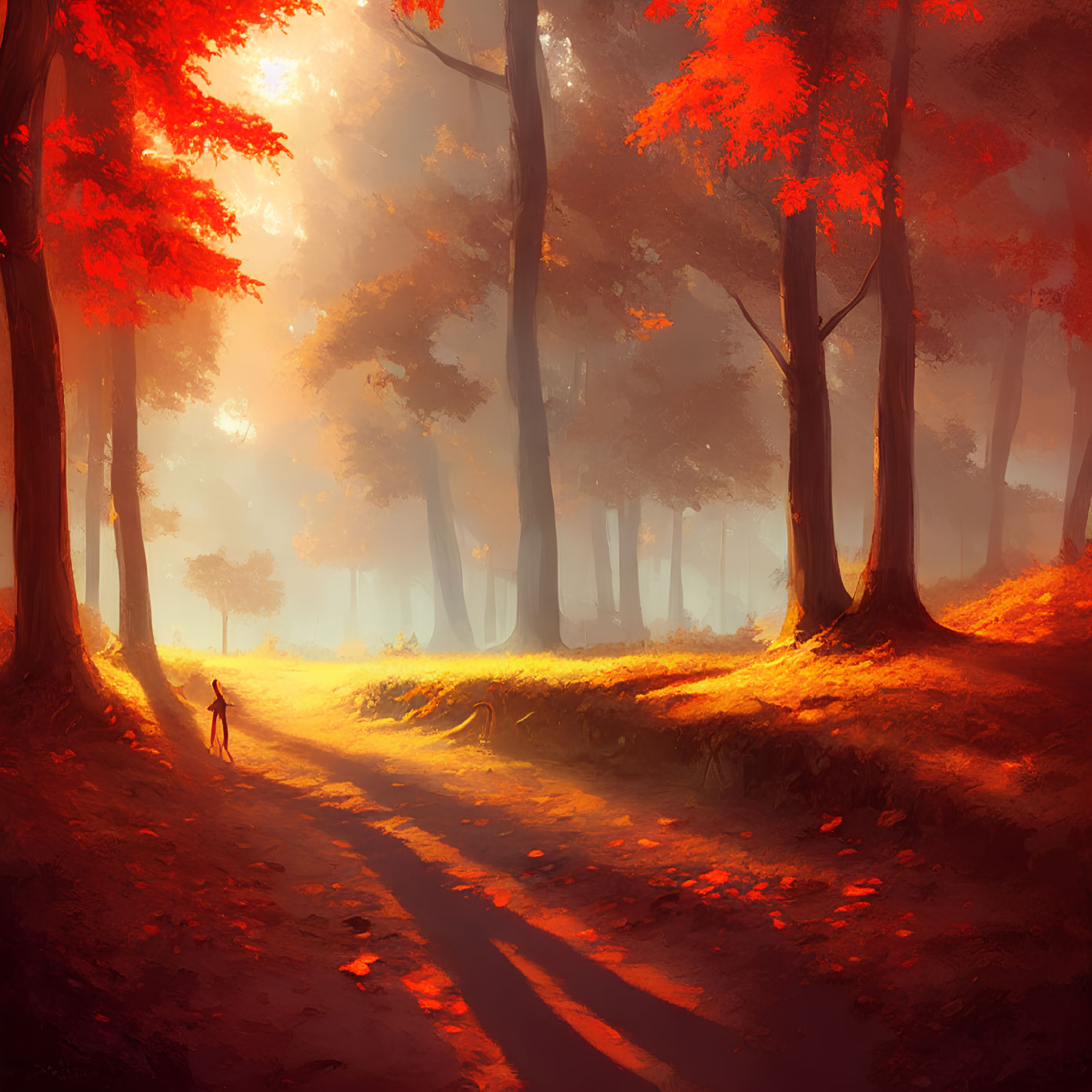 Autumnal forest scene with red leaves and warm sunlight