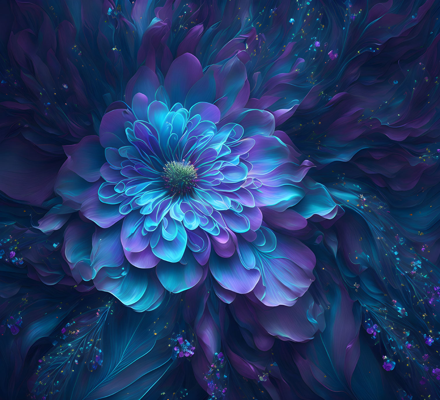 Colorful digital artwork: Blue and purple stylized flower with intricate details