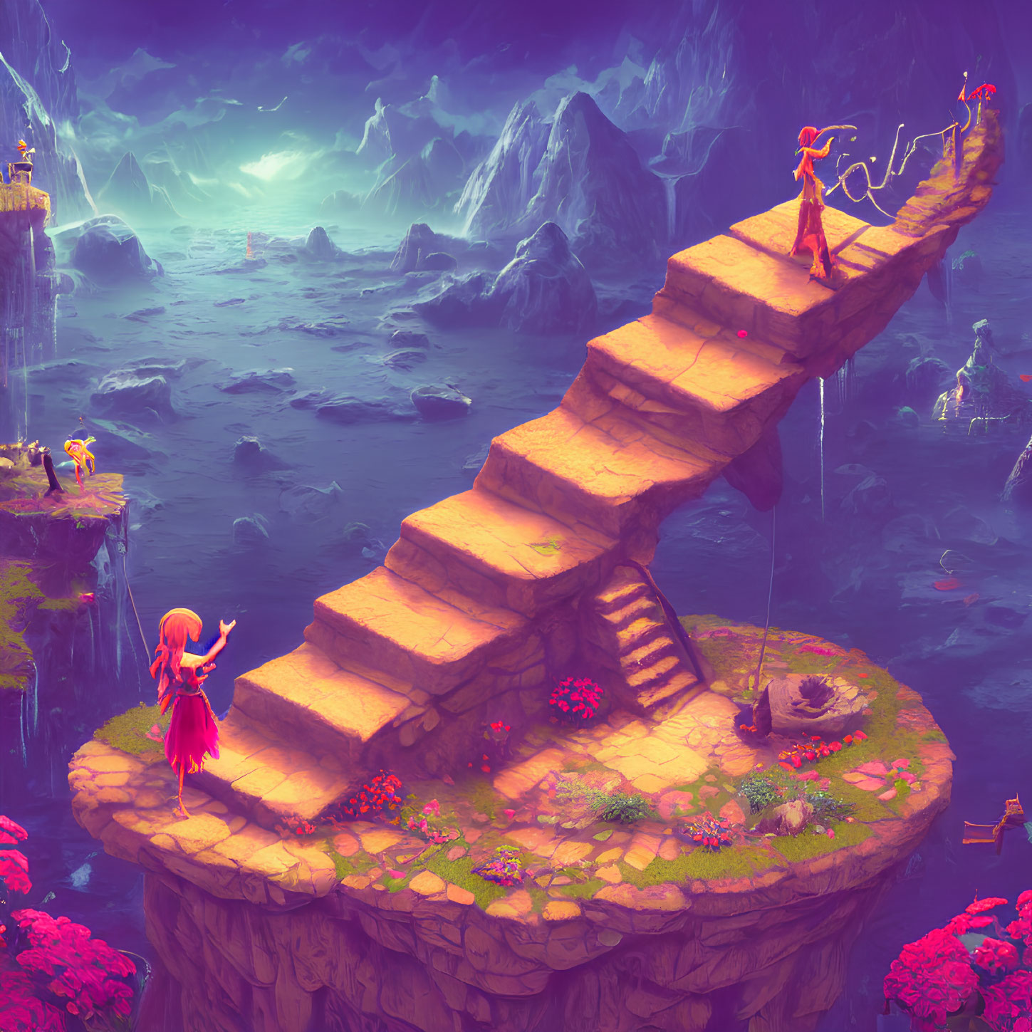 Floating islands fantasy landscape with glowing staff character on spiraling staircase in purple ambiance